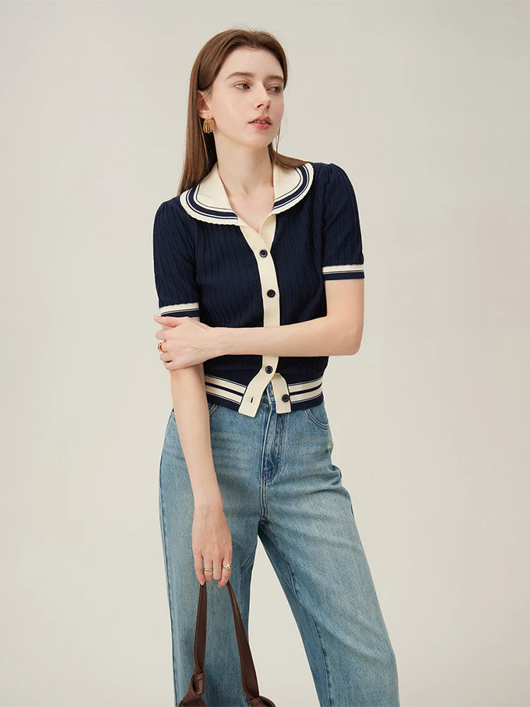 Contrast Polo Collar Knitted Cardigan Women Knitwear