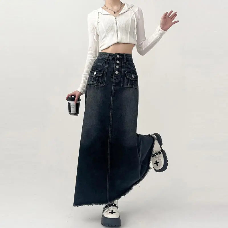 High-waisted Cargo Denim Skirt Women's Autumn Long A-line Mid-length Skirt Retro Raw Edge Y2k Female Clothing Korean Style