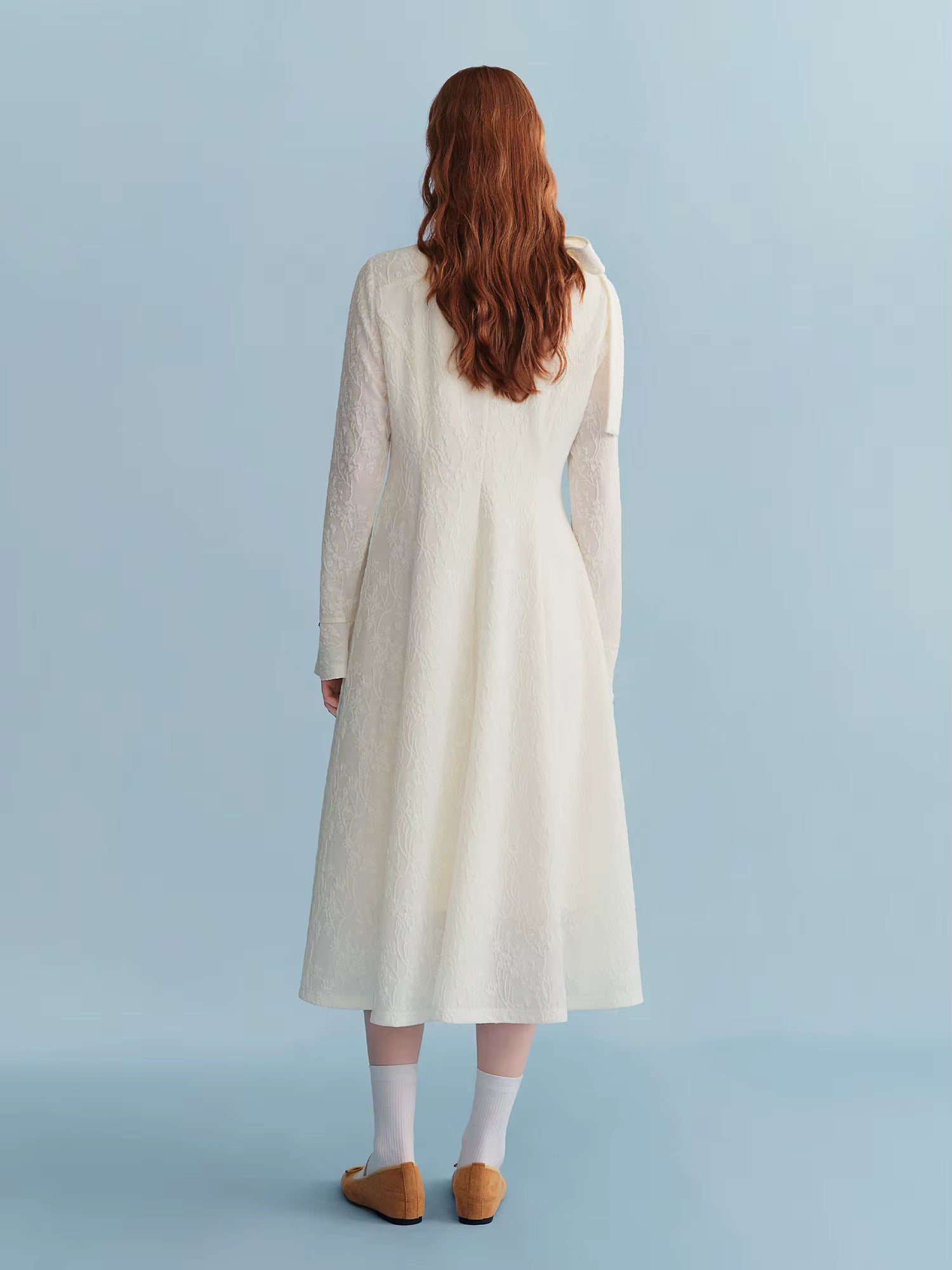Embossed Textured Ribbon Beige Dress Women Plump Temperament Mid-calf French Style Long Sleeve Elegant Commuting Solid