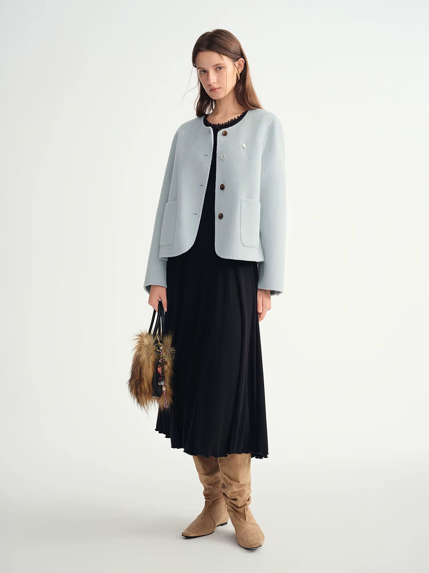 Sweet Yellow Round Neck Short Wool Woolen Coat Straight Cropped Coat Winter Simple Korean Style Girlish