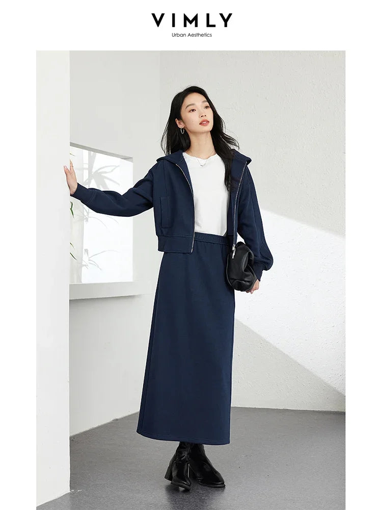 VIMLY Commuter Casual Zipper Cardigan Sweatshirt Skirt Sets Women Tracksuit Suits Fall/Winter Outfits Sets Simple Sportswear