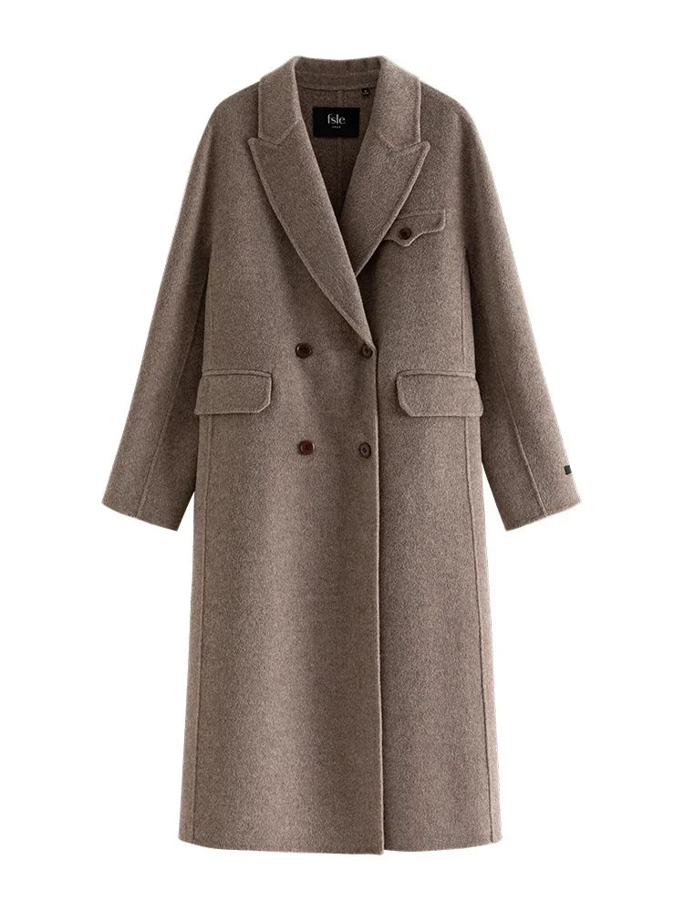 FSLE Winter Melody Double-sided Woolen Long Coat for Women Commuter Style High-Quality 100% Woolen Solid Color Coats Female