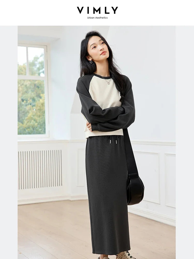 VIMLY Women's Simple Commuter Sweatshirt Top Straight Skirt with Back Split SkirtSuit Autumn Fashion Colors Blocking CasualSuit