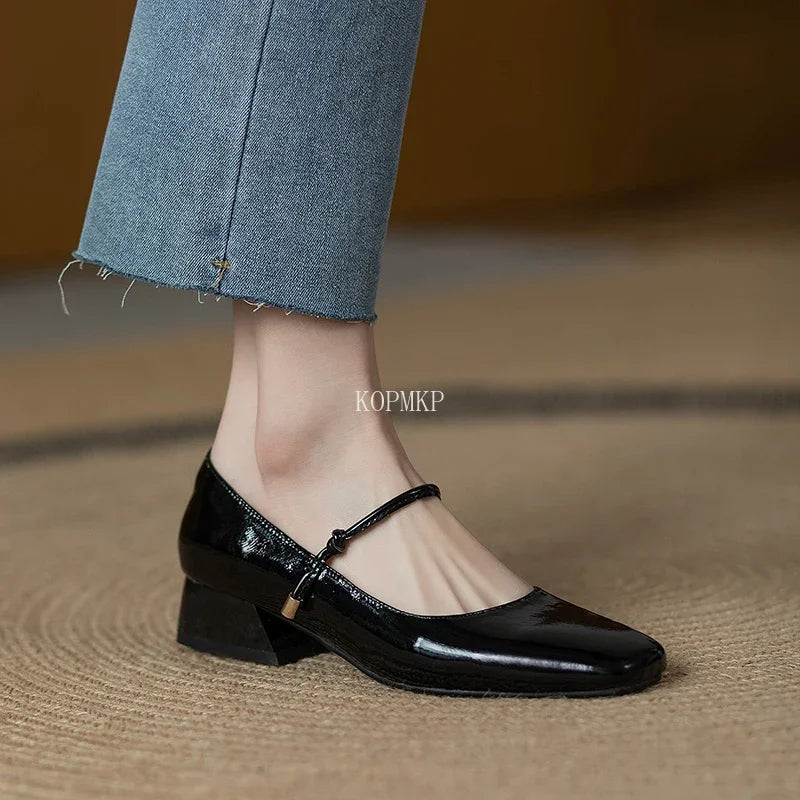 2024 New Square-toe Leather Shoes Red Mary Janes Shoes Women'S Shallow Mouth Casual Low Chunky Heel Dress Shoes Zaptos Mujer