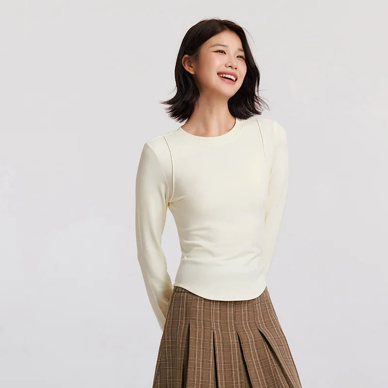 Semir Long Sleeve T-Shirt Women Round Neck Tight Subtle Design 2024 New Winter Moisture-Wicking Frayed Long Sleeve T-Shirt