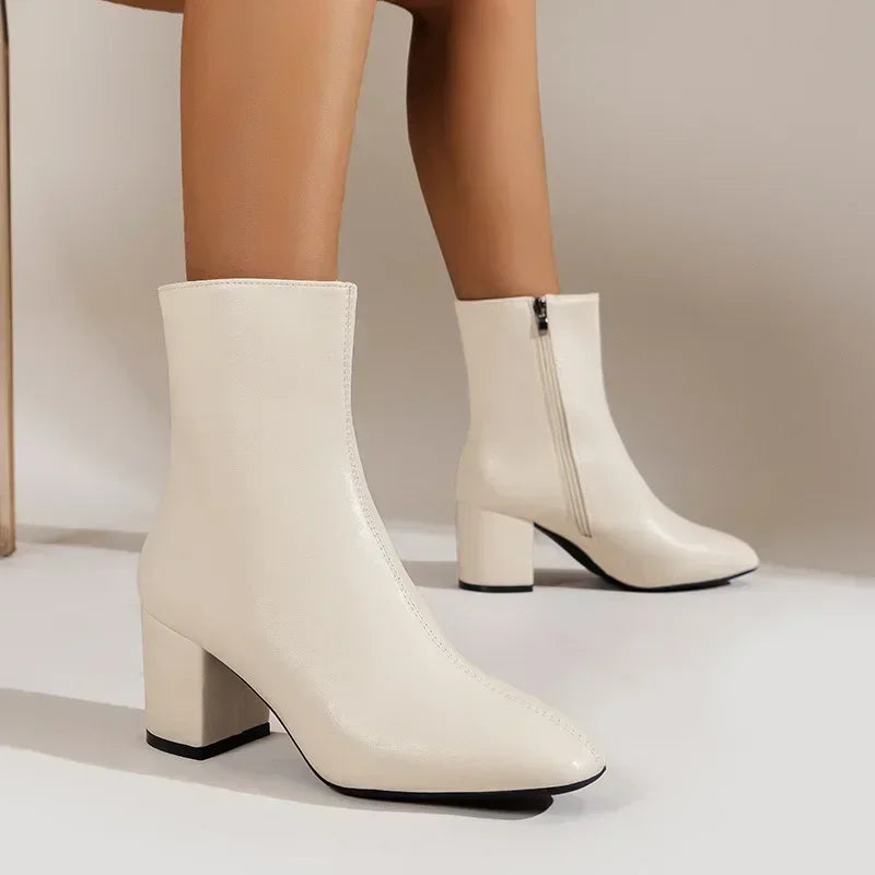 White Ankle Boots for Women Side Zipper Stretch Middle Heel Large Size Short Boot Fashion Pointed Shoes Botas De Mujer 2024