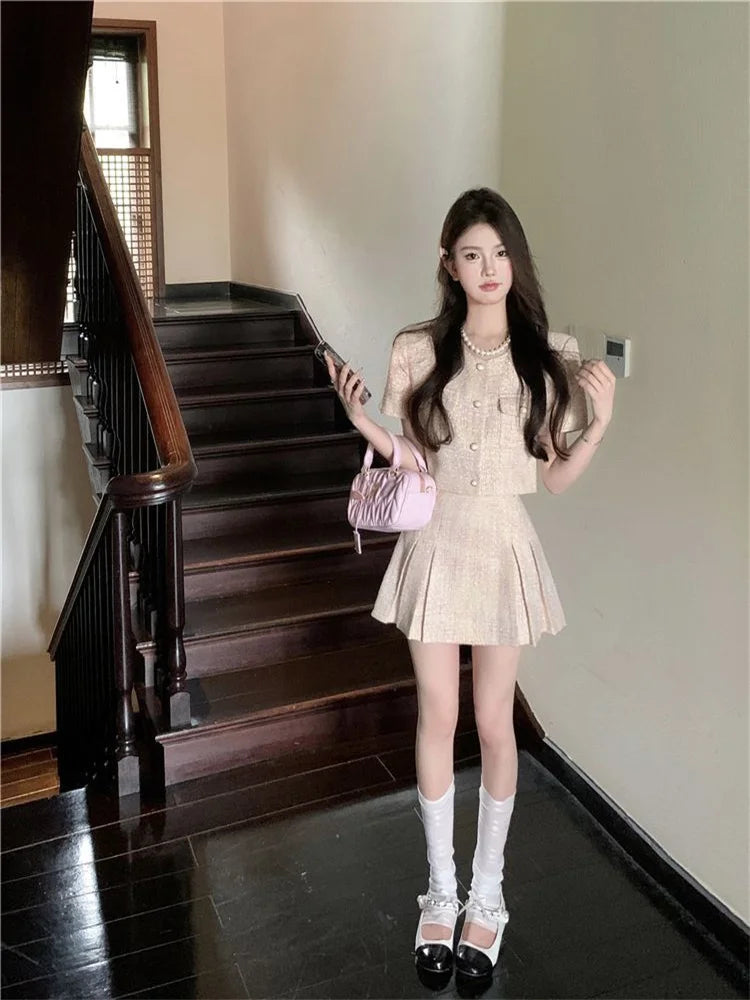 Korea Elegant Two Piece Sets Vintage Office Lady Chic Fashion Puff Sleeve Crop Top + A Line Mini Skirts Suit Retro Summer Outfit