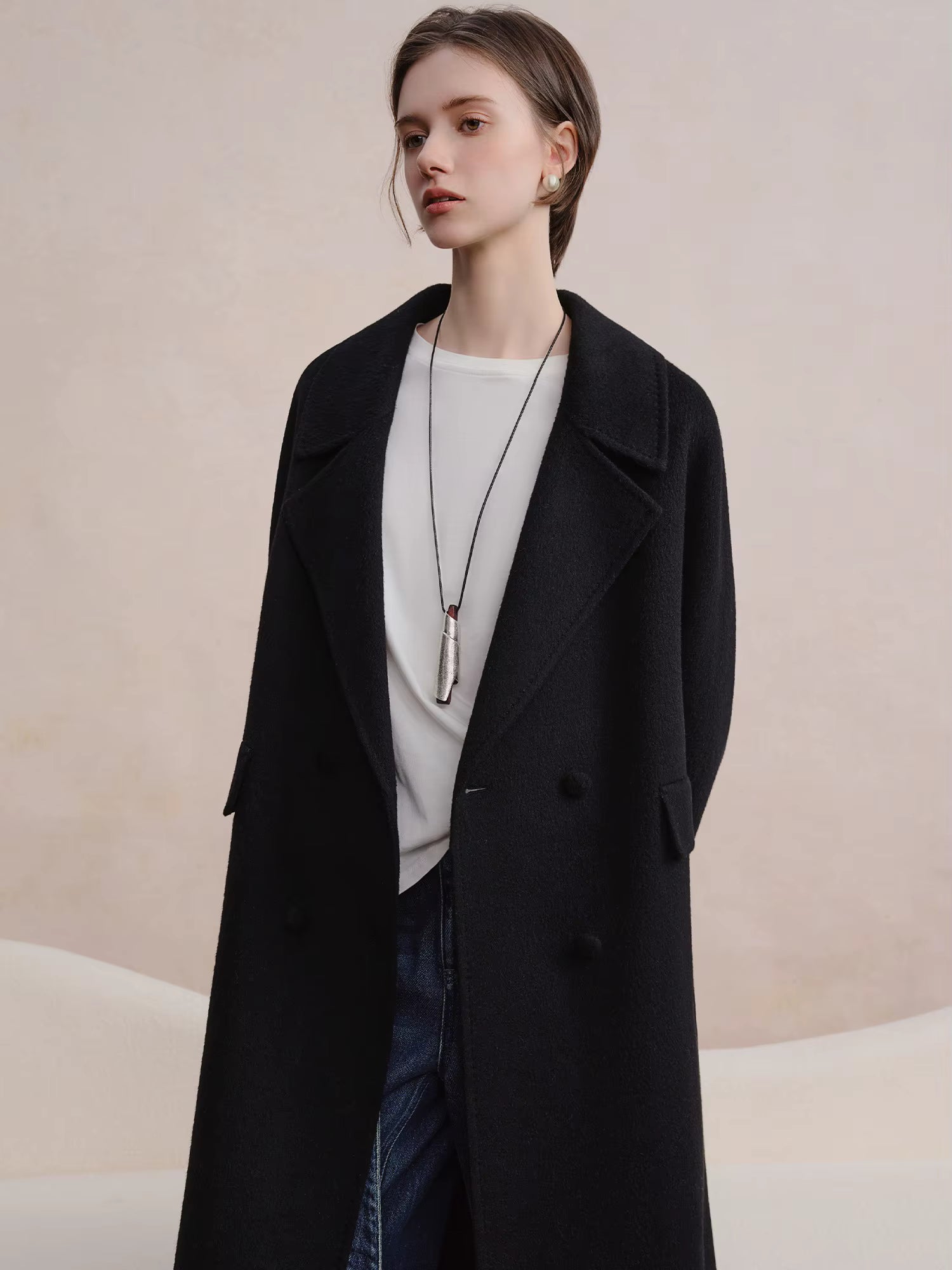 Double-breasted Cashmere Wool Coat Elegant Ladies Women Commuting Simple Temperament Mid-calf Length British Style