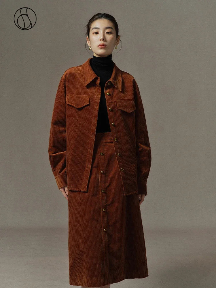 DUSHU Office Lady Retro Plush Pit Stripe Fashion Set For Women's Winter 2023 New Full Sleeve High Waist Women Set