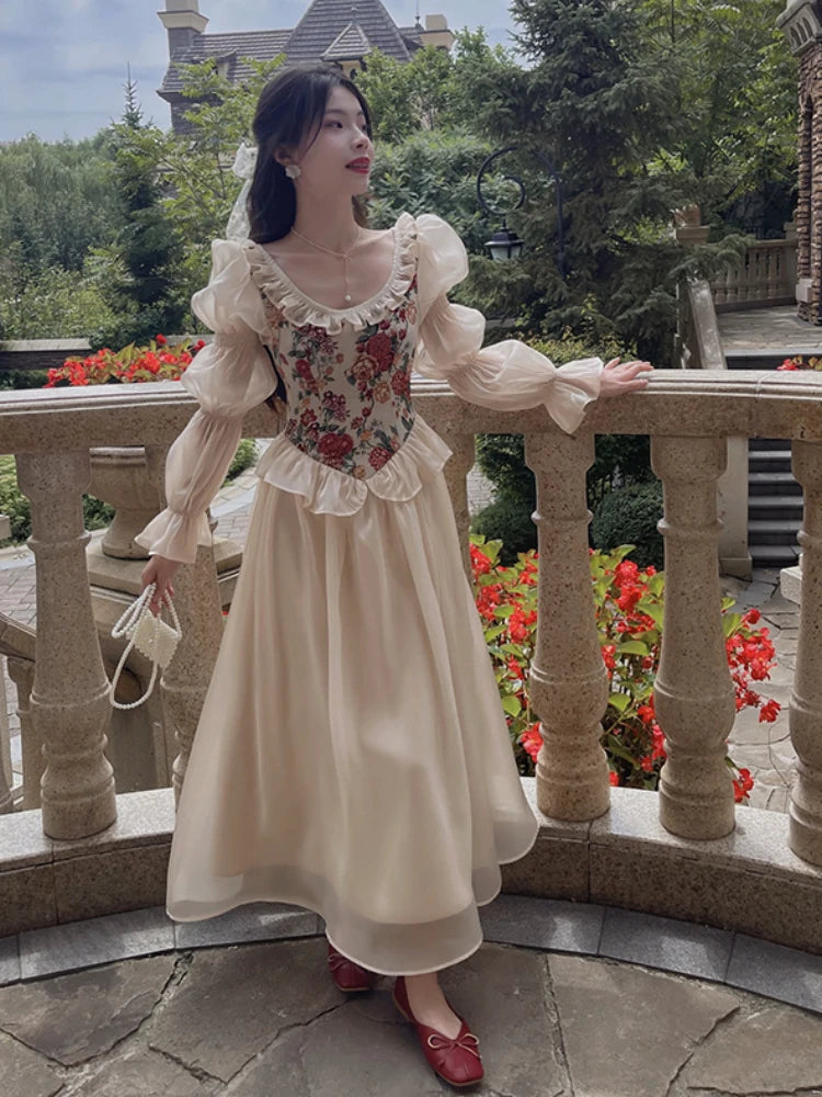 Vintage Elegant Print Floral Puff Sleeve Midi Dress