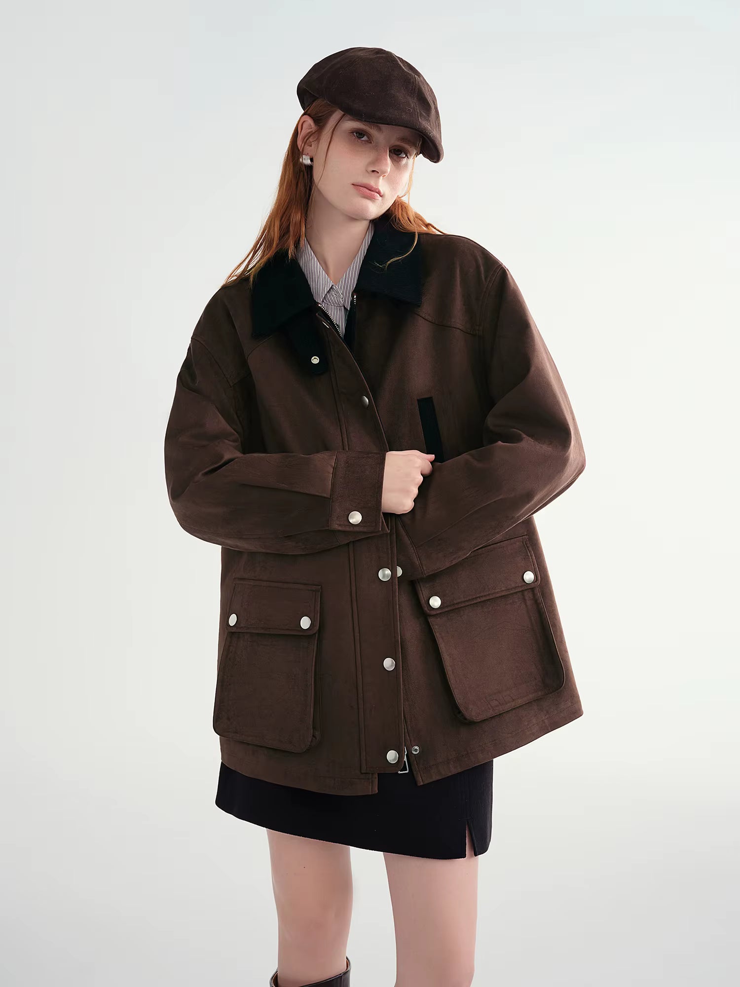 Contrast Color Cropped Jacket Turn Down Collar Loose Autumn and Winter Jacket British Style Retro Coffee Chic