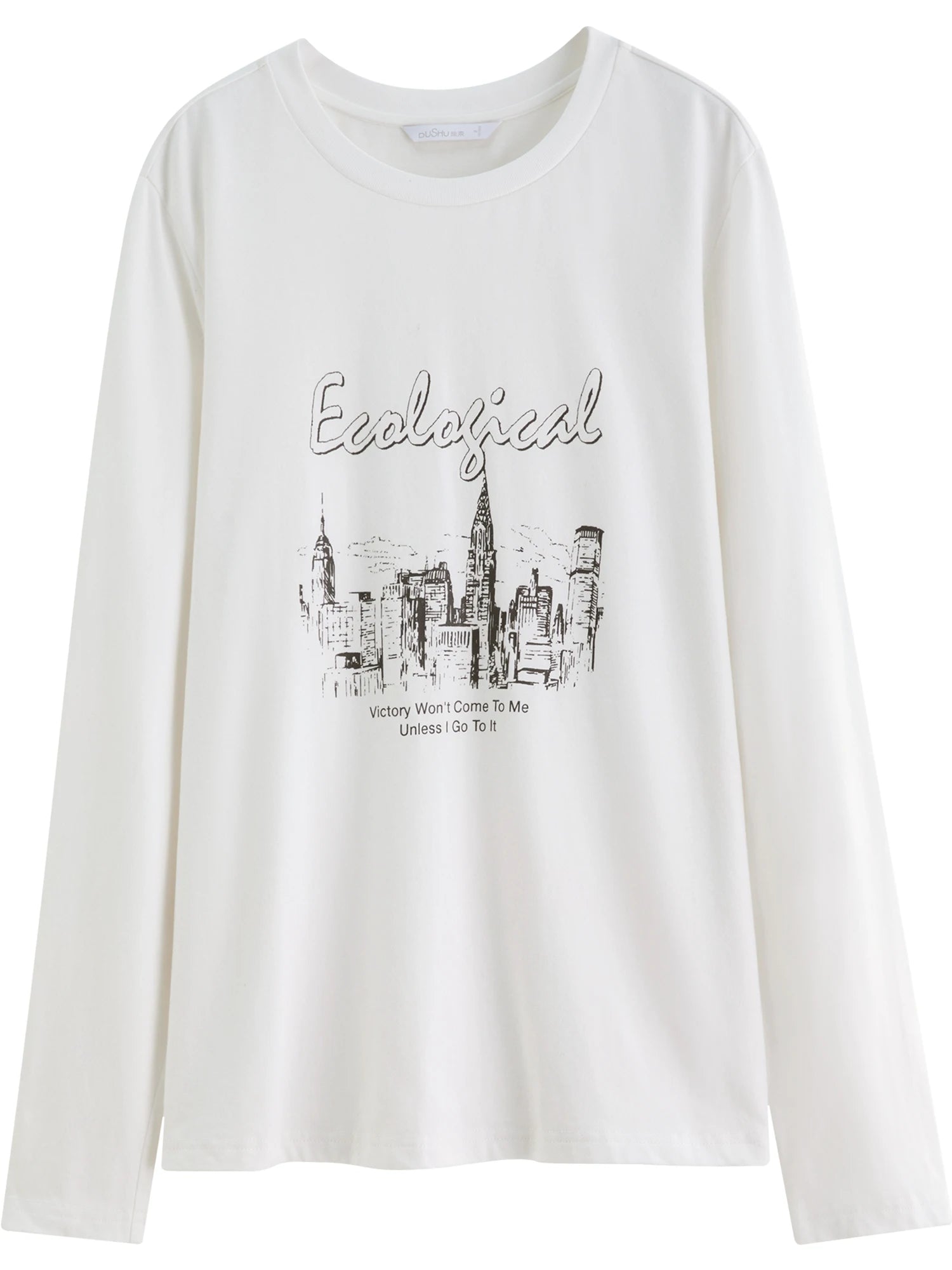 Plus Size Casual Urban Letter Print Long-sleeved T-shirt Women White Round Neck All-match Basics Slimming Top