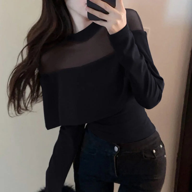 Red Ladies Undercoat Casual Tops Autumn Winter Thin Solid Color Pullovers 2023 New Vintage Women's Clothing Sexy Slim T-Shirts