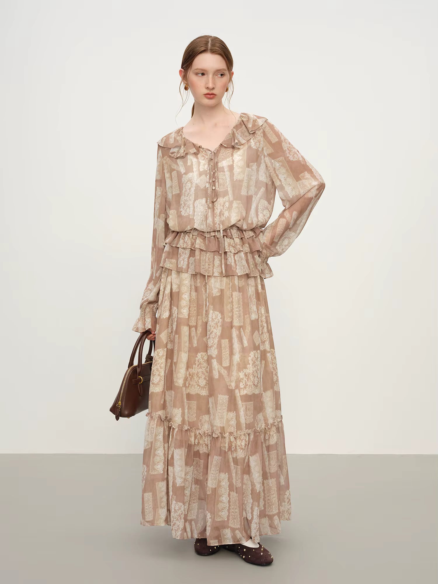 Party Dress Set Bohemian Style Elegant Ruffled Printed Long-sleeved Shirt Skirt Set for Women Winter Fairy Sundress