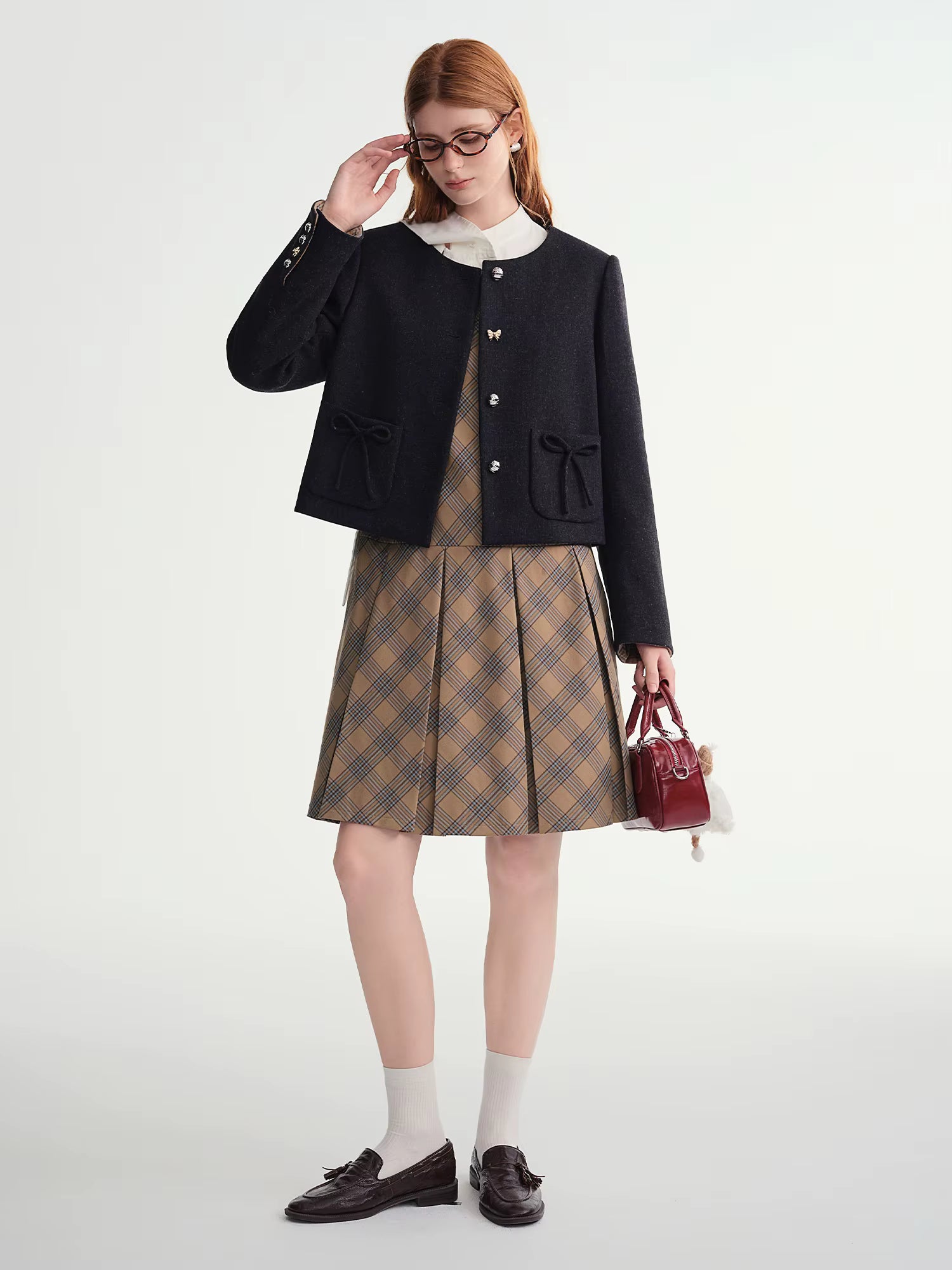 Women's Black Wool Short Blazer With Bow Detail Structured Shoulder Slimming Cropped Jacket Top Elegant Boutique Style