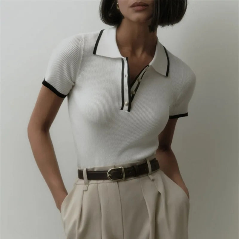 Talenza Women's Knitted Pullover Fashion Short Sleeve Patchwork Sweater Top Elegant Slim Contrast Lapel Knitted Pullover Top