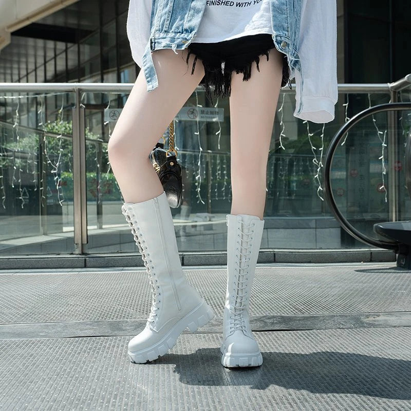 Women's Mid Calf Boots Padded Shoes Knee High Winter Sneakers Punk Style Military Casual White Black 2023 Lucury Platform Woman