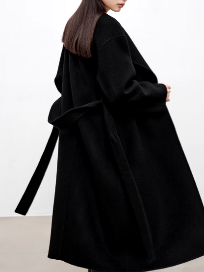 ZIQIAO【2 Colors】Women Simple Long Woolen Jackets Horn Button Round Neck Black Commuter Winter Long Coat Wool Coats 24ZQ94165