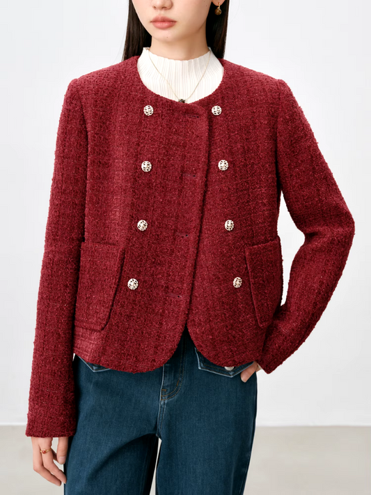 ZIQIAO Women Tweed Jackets 20.3% Wool Winter Office Lady Short Retro Red Wool Jacket Double Breasted 800G Thick Coats 24ZQ94300