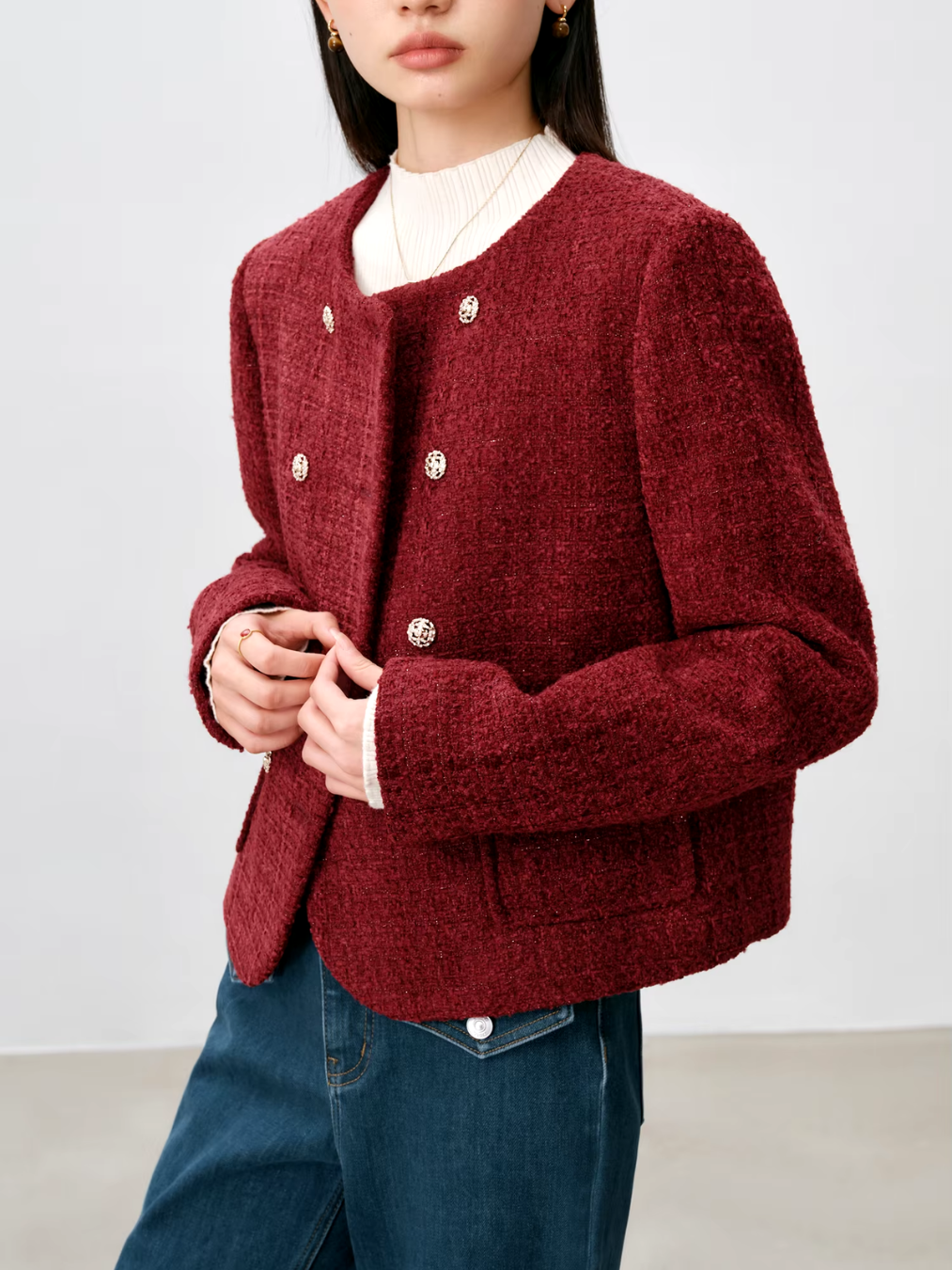 ZIQIAO Women Tweed Jackets 20.3% Wool Winter Office Lady Short Retro Red Wool Jacket Double Breasted 800G Thick Coats 24ZQ94300