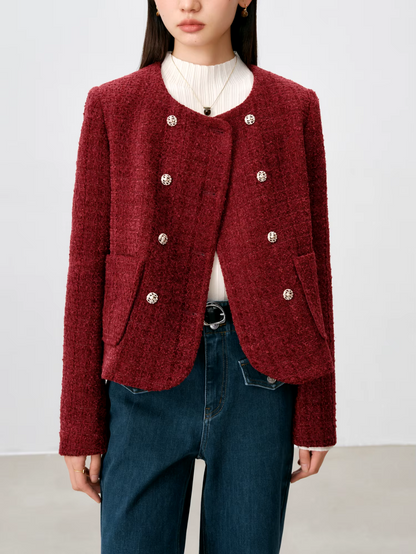 ZIQIAO Women Tweed Jackets 20.3% Wool Winter Office Lady Short Retro Red Wool Jacket Double Breasted 800G Thick Coats 24ZQ94300