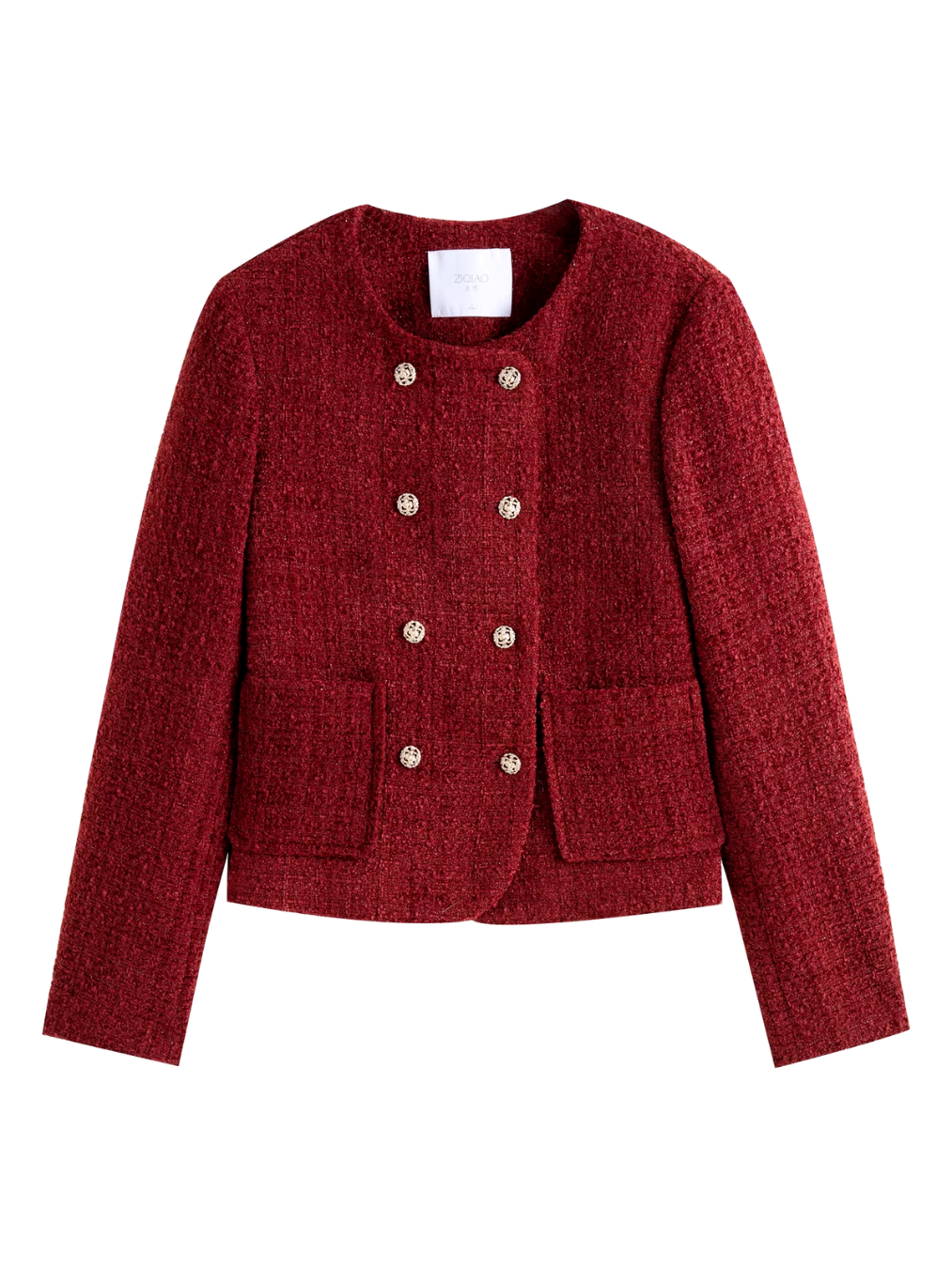 ZIQIAO Women Tweed Jackets 20.3% Wool Winter Office Lady Short Retro Red Wool Jacket Double Breasted 800G Thick Coats 24ZQ94300