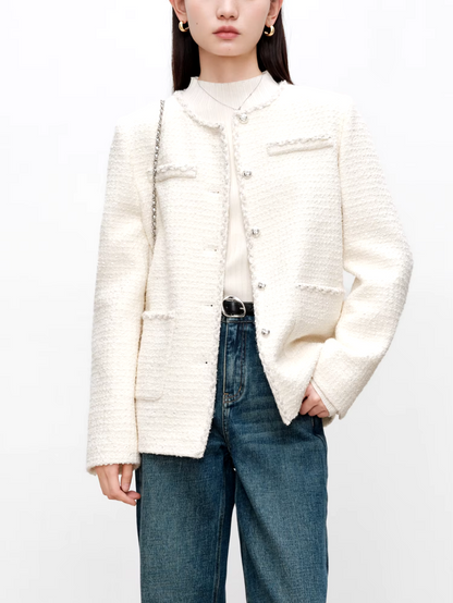 ZIQIAO 25.1% Sheep Wool Petite Size White Coat For Women 2024 Winter New Design Elegant Peplum Warm Jacket Tops 24ZQ93253