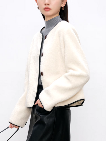 ZIQIAO Petite Size Short Jacket For Women 2024 Fall Winter New Design Round Neck Warm Elegant Jacket White Coat 24ZQ94283