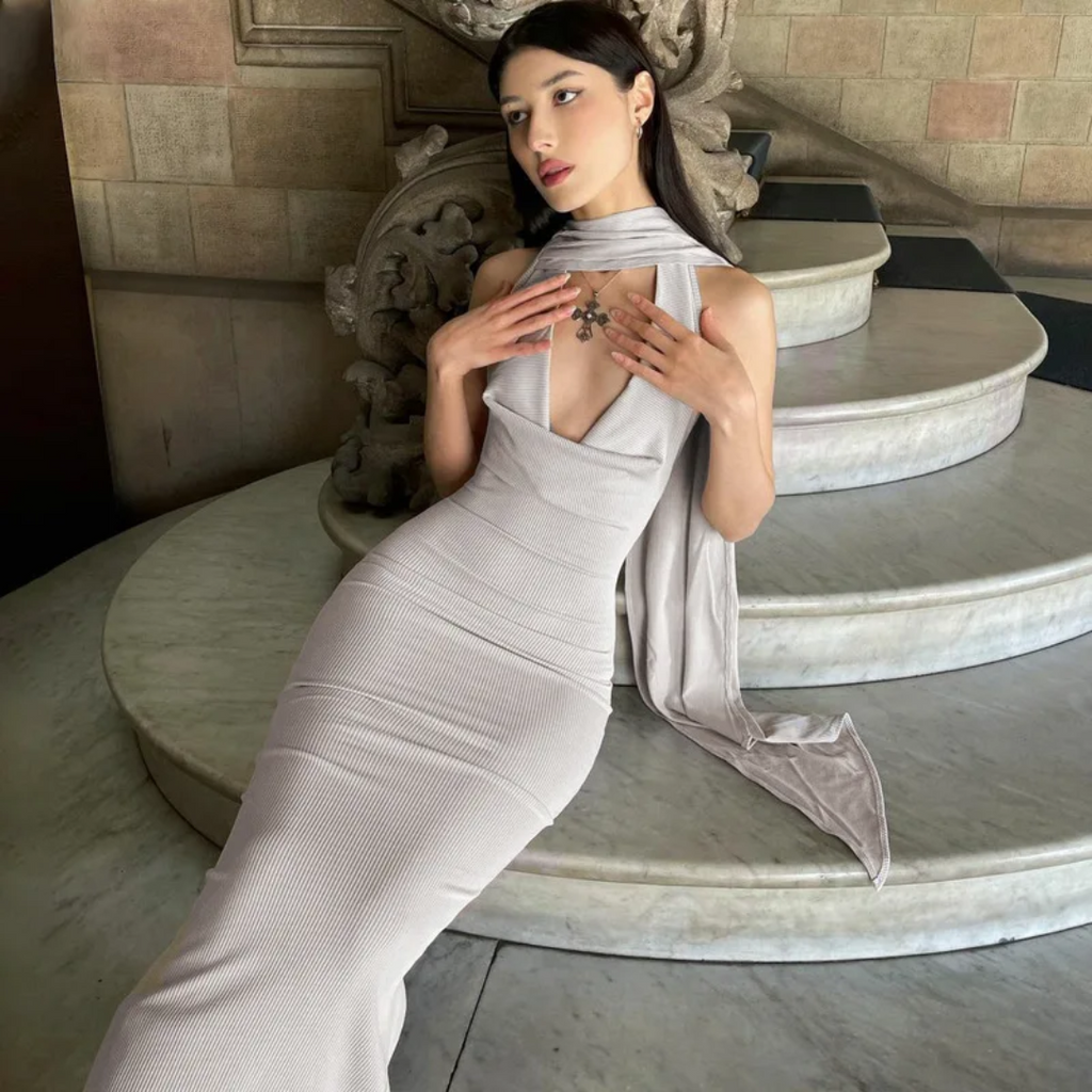 Backless Halter Neck With Scarf Backless Dress