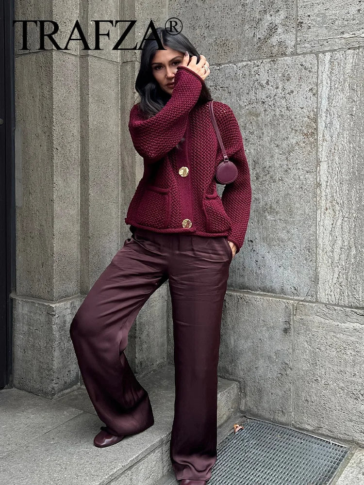 TRAFZA 2024 Female Casual Cardigan Sweater Coat 2 Pockets Wine Red Solid Metal Button Knitted Sweater Woman Autumn Trends Street