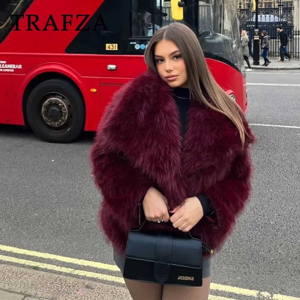 TRAFZA 2025 Autumn Winter Women Casual Faux Fur Jackets Fashion Streetwear Solid Oversized Turn Down Collar Elegant Thick Coats