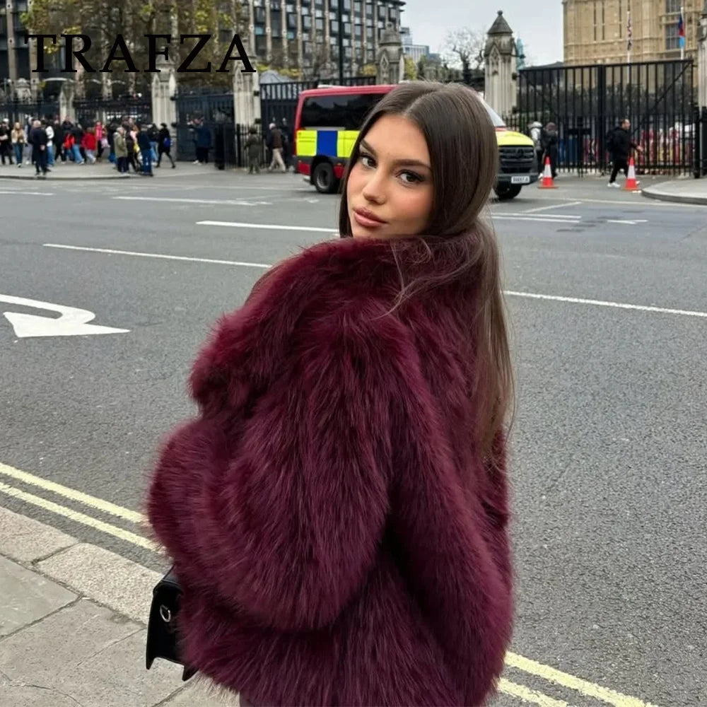 TRAFZA 2025 Autumn Winter Women Casual Faux Fur Jackets Fashion Streetwear Solid Oversized Turn Down Collar Elegant Thick Coats