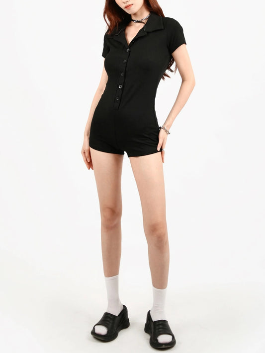 Solid Button Up Turn Down Collar Short Sleeve Slim Ribbed Rompers Womens Playsuit Basic Vintage Casual Summer Shirts