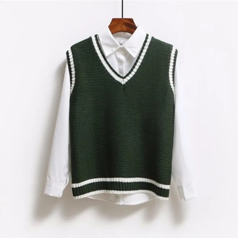 Korean Style Fashion Women Sleeveless Sweater Vest 2024 V Neck Knitted Pullover Female Spring Fall Jumper Top Knitwear Outerwear