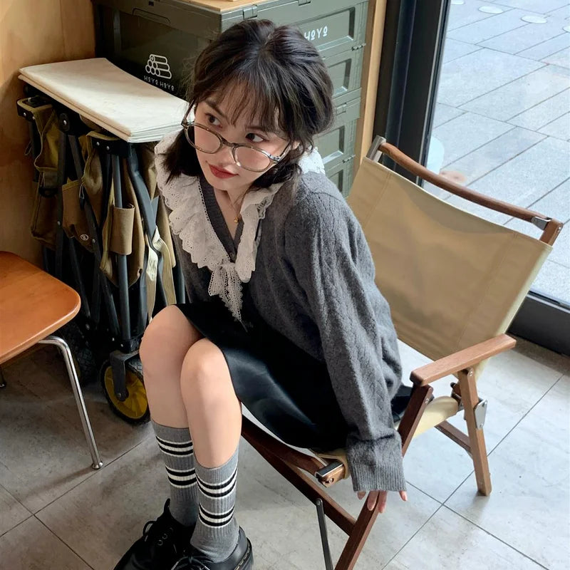 Cardigan Women All-match V-Neck Lace Patchwork Sweater Spring Fall Gray Kawaii Retro Tender Knitted Simple Design Outerwear