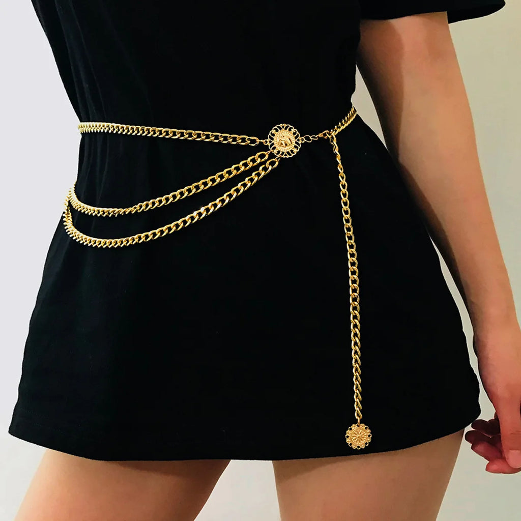 New Fashion Luxury Designer Brand Metal Chain Belt For Women Golden Coin Personality Hip Hop Style Female Tassel Belts Ceinture