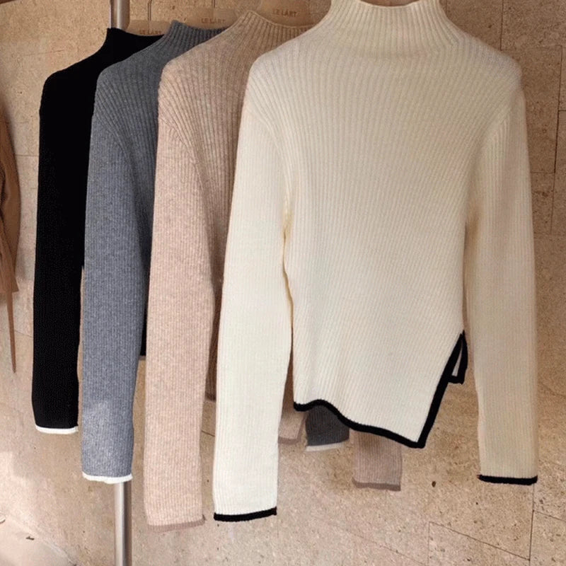 Turtleneck Women Sweater 2021 Autumn Winter New Side Slit Pullover Tops Korean Fashion Knit Sweaters Long Flare Sleeve Basic