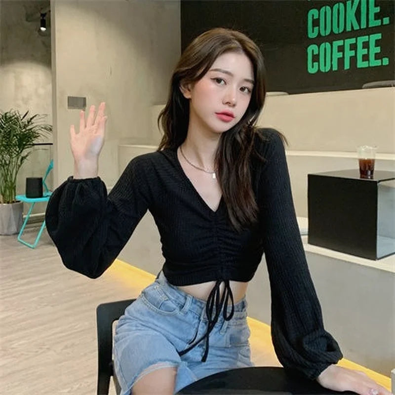 T-shirts Women Camisetas Ins New Collection Daily Autumn Fashion Bandage Sexy Ulzzang Club Wear Crops Girls Tops V-neck Preppy