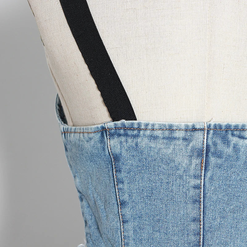 TWOTWINSTYLE Sexy Patchwork Denim Women Tops Square Collar Sleeveless Spaghetti Strap Tunic Mesh Ruffles Hit Color Vests Female