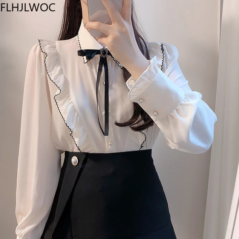 Women's Ruffles Cute Bow Tie Tops Preppy Style Vintage Japanese Korea Design Button Elegant Formal White Shirts Blouses