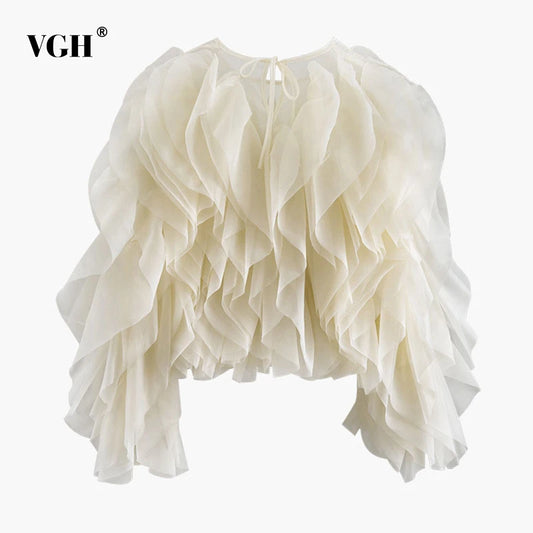 VGH Elegant Patchwork Ruffle Chiffon Blouses Women O Neck Lantern Long Sleeve Loose Shirt Female Clothes Fashion Summer 2022 New