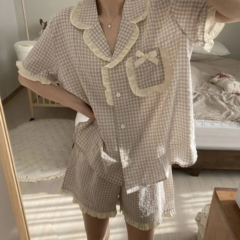 Korean Pajama for Women Summer Loungewear Sleepwear Sets Girls Sweet Plaid Lapel Pyjama Kawaii Ruffle Pijama Japanese Home Suit
