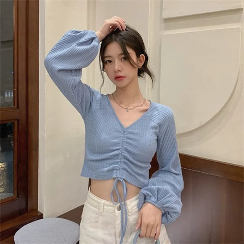 T-shirts Women Camisetas Ins New Collection Daily Autumn Fashion Bandage Sexy Ulzzang Club Wear Crops Girls Tops V-neck Preppy