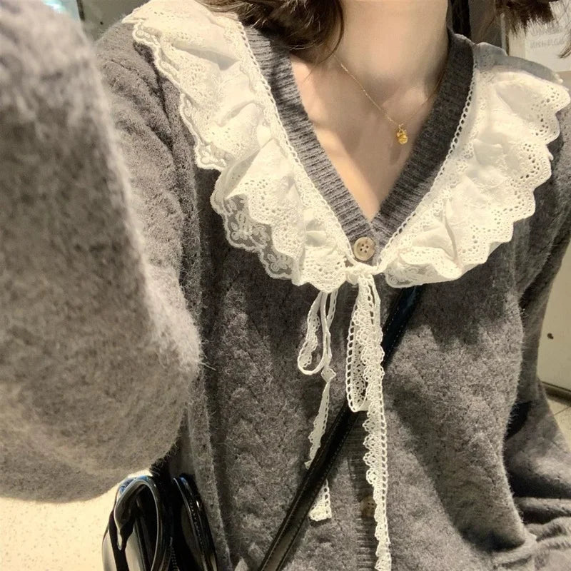 Cardigan Women All-match V-Neck Lace Patchwork Sweater Spring Fall Gray Kawaii Retro Tender Knitted Simple Design Outerwear