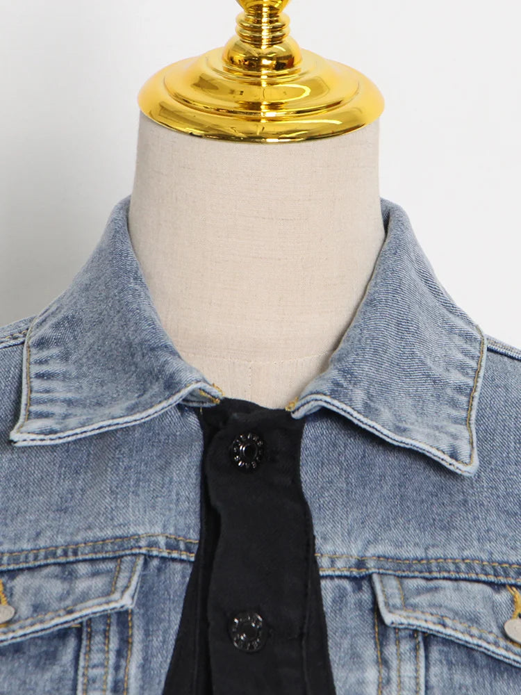 TWOTWINSTYLE Patchwork Denim Colorblock Jacket Women Lapel Collar Long Sleeve Casual Coats Tops Female Clothing Korean Fashion
