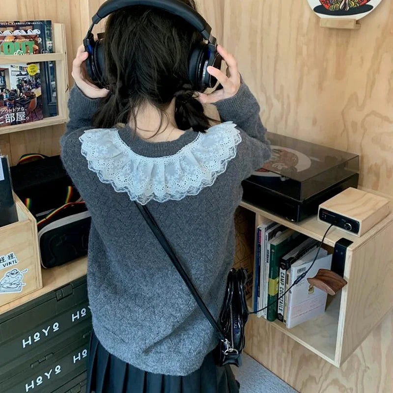 Cardigan Women All-match V-Neck Lace Patchwork Sweater Spring Fall Gray Kawaii Retro Tender Knitted Simple Design Outerwear