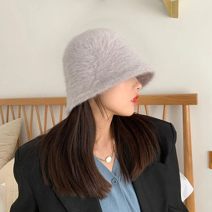 2020 Hat winter women's fashion Solid color rabbit fur hat bucket cap  fisherman's hat retro knitted wool basin Bucket Hat