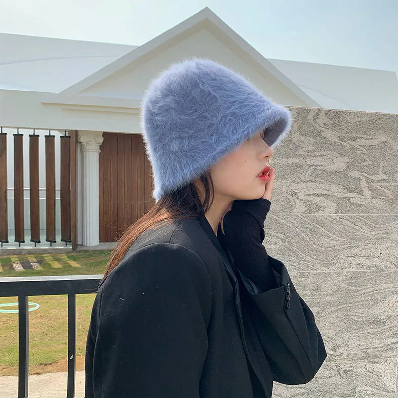 2020 Hat winter women's fashion Solid color rabbit fur hat bucket cap  fisherman's hat retro knitted wool basin Bucket Hat