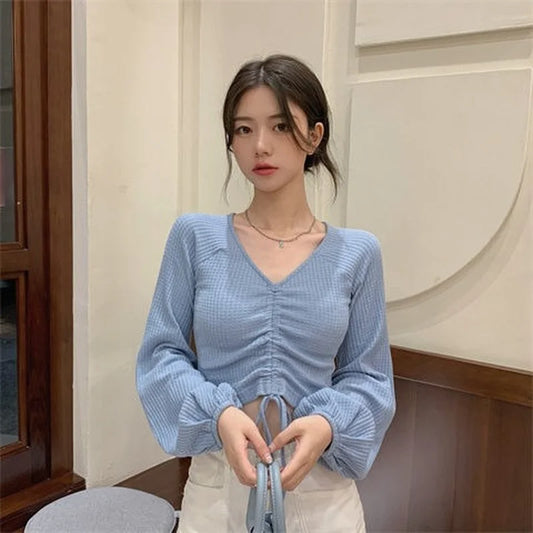 T-shirts Women Camisetas Ins New Collection Daily Autumn Fashion Bandage Sexy Ulzzang Club Wear Crops Girls Tops V-neck Preppy