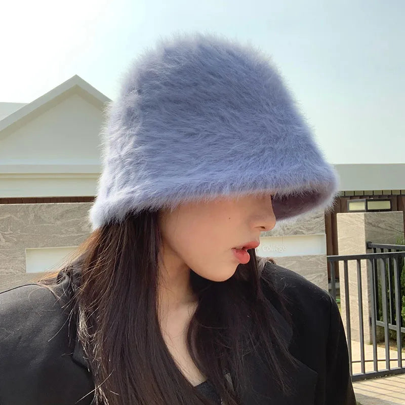 2020 Hat winter women's fashion Solid color rabbit fur hat bucket cap  fisherman's hat retro knitted wool basin Bucket Hat